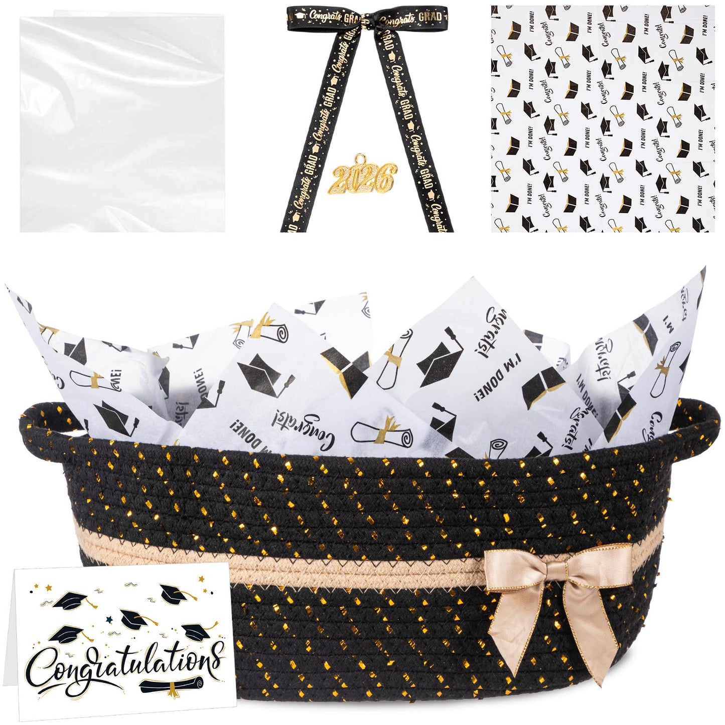 Colingmill Gift Basket for Graduation, Empty Woven Basket with Gift Bag Bow and Tissue Paper, Decorative Rope Baskets for 2026 Grad Keepsake Gifts, 14"x 10"x 5.5"(Black)