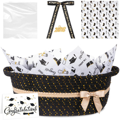 Colingmill Gift Basket for Graduation, Empty Woven Basket with Gift Bag Bow and Tissue Paper, Decorative Rope Baskets for 2026 Grad Keepsake Gifts, 14"x 10"x 5.5"(Black)