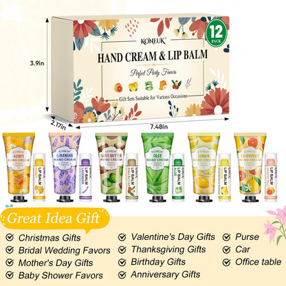 KONEUK 12 Pack Bulk Hand Cream and Lip Balm Set for Women, Mothers Day Gifts, Teacher Appreciation Gifts, Nurse Gifts, Bridal Shower Favors, Wedding Shower Favors and Bulk Gifts for Guests