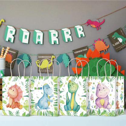 12Pcs Dinosaur Gift Treat Bags with Handles Dinosaur Theme Paper Tote Bags for Dinosaur Baby Shower Birthday Party Decorations Dino Roar Party Supplies