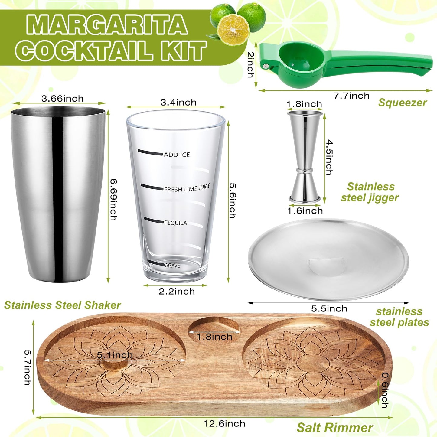 Mifoci 6 Pcs Margarita Gift Set, Acacia Wood Salt and Sugar Rimmer Tray for up to 5.1" Rims, Stainless Steel Shaker, Jigger, Measuring Glass, Citrus Squeezer, Cocktail Kit for Home Bar Accessories