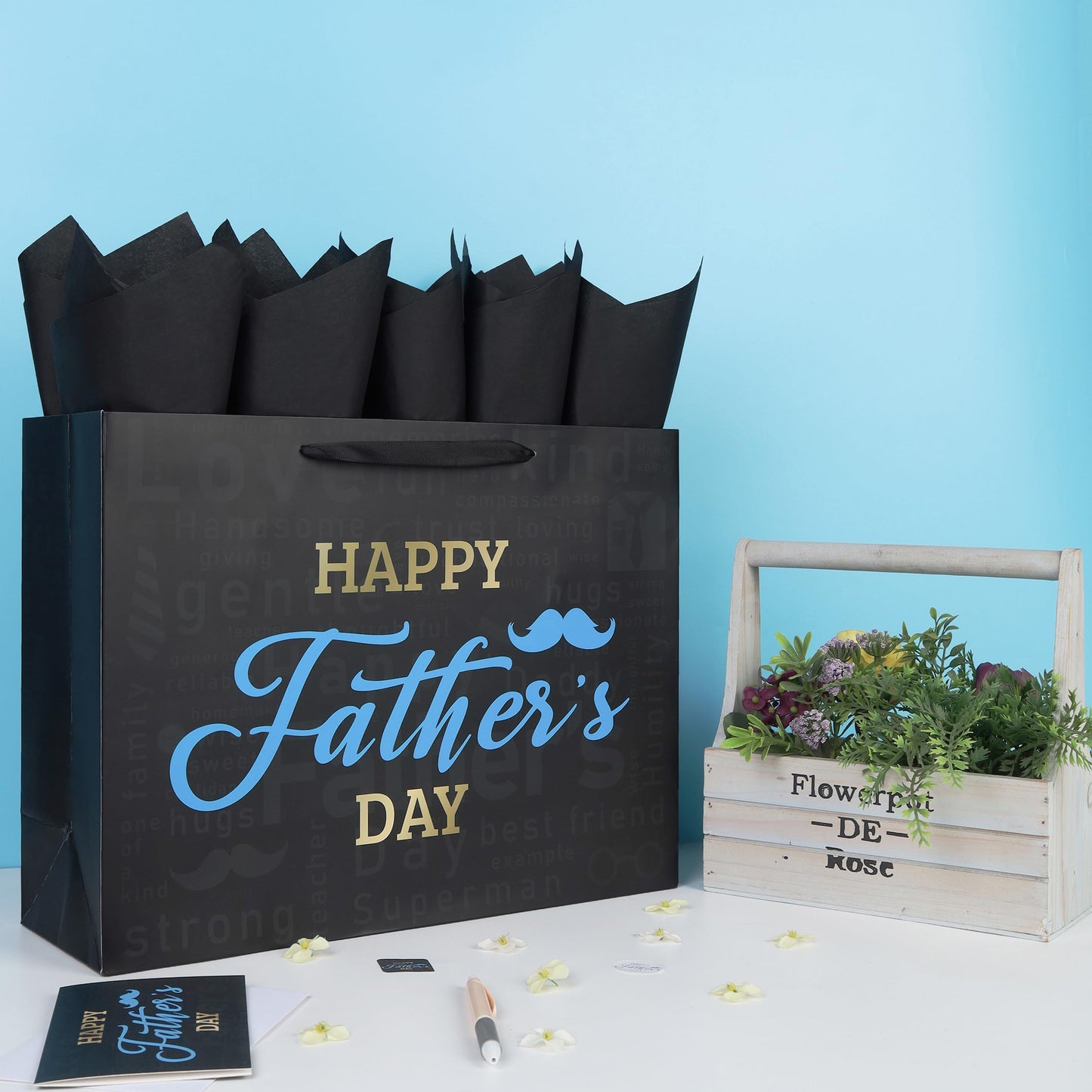 Qirrmiy 16.5'' Extra Large Father's Day Bag Gift Bag Set with Handles, Greeting Card, Black Tissue Papers and Stickers for Men for Best Dad Ever, Dad Day, Father's Day Design, 1 Pcs