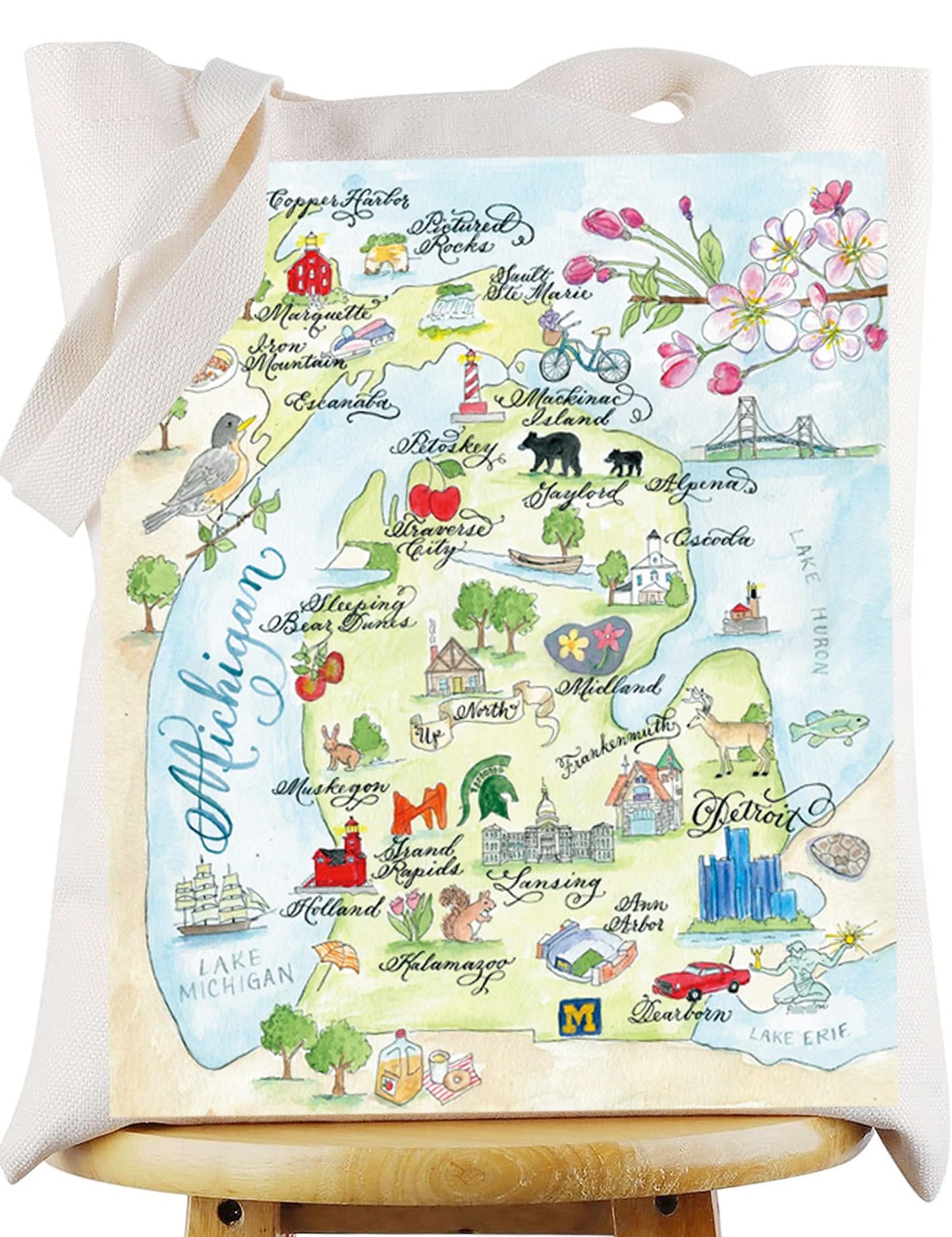WZMPA Michigan State Map Tote Bag - Michigan Souvenir Gift, Vacation & Trip Shoulder Bag