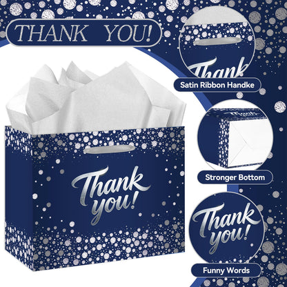 Large Thank You Gift Bag - Blue Silver Gift Wrapping Paper Bag with Tissue Paper and Greeting Card with Envelope - Elegant Silver Foil Design for Weddings, Baby Showers, Graduation, and Corporate Events