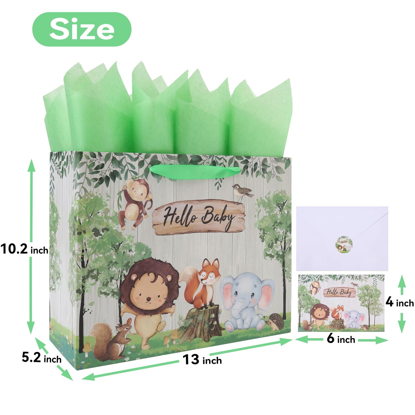 13'' Large Baby Boy Girl Gift Bag Set with Handles, Greeting Card, Green Tissue Papers and Stickers for Birthday, Baby Shower, Newborn, New Moms, Woodland Animals Design, 1 Pcs
