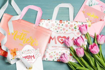 Jaywayang 2Pcs 12.6" Happy Mother's Day Gift Bags with Tissue Paper, Envelope and Card, Reusable Non-Woven Bag with Handles for Mother's Day Party Supplies