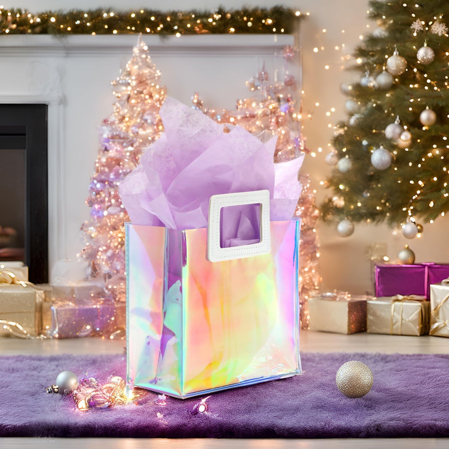 KeerxunBag 1 Pack Holographic Gift Bags with Handles & 2 Tissue Paper Sheets – Iridescent Transparent Reusable Bags for Women, Girls, Birthdays, Weddings，Purple Gift Bag
