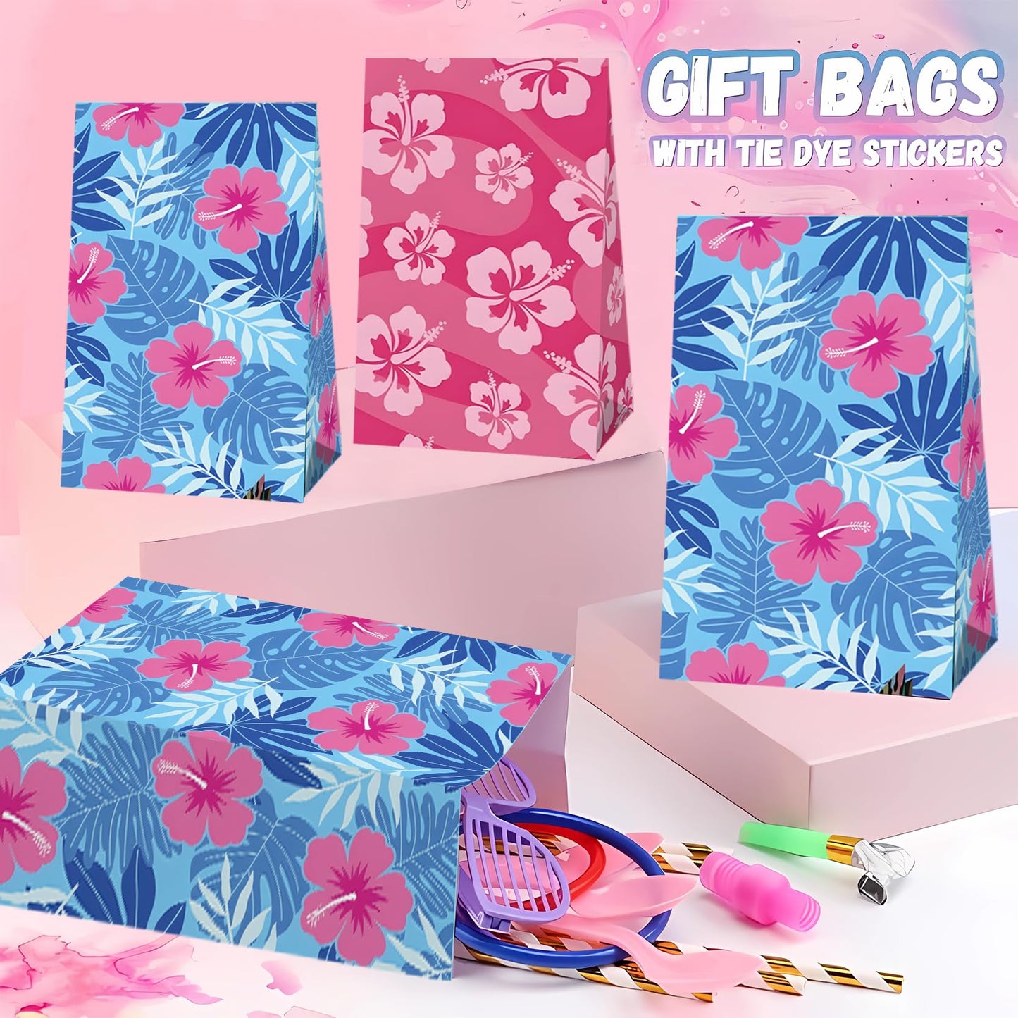 24 Pcs Cute Cartoon Pink Blue Hibiscus Party Gift Bags with Stickers Hawaiian Party Favors Paper Goodie Bags for Hawaiian Tropical Birthday Supplies(24Pcs-bags)