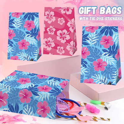24 Pcs Cute Cartoon Pink Blue Hibiscus Party Gift Bags with Stickers Hawaiian Party Favors Paper Goodie Bags for Hawaiian Tropical Birthday Supplies(24Pcs-bags)