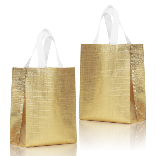 cabzymx 16 Pcs Metallic Bling Small Gift Bags Bulk with Cardboard Bases, Glossy Gold Reusable Party Bags for Birthday, Wedding, Christmas, Parties- 10.2x3.9x8.3 In