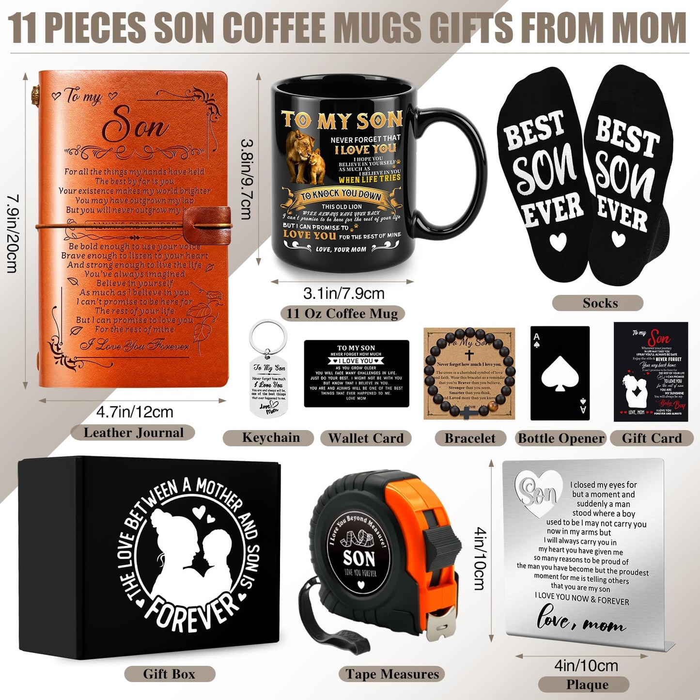11 Pcs Son Gifts from Mom with 11 Oz Ceramic Cup, Leather Journal, Desk Decorative Sign, Socks, Tape Measure, Bracelet, Keychain for Birthday Graduation Father's Day Christmas Gift for Teens Adult
