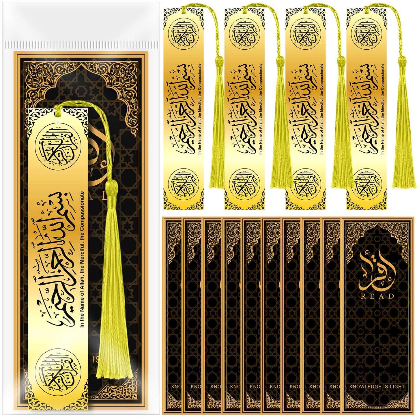 Resurhang 10 Sets Eid al-Adha Mubarak Gifts Islamic Metal Bookmarks Bulk with Cards Hajj Quran Markers Gold Stainless Steel Tassels Muslim Religious Party Favors Men Women