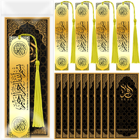 Resurhang 10 Sets Eid al-Adha Mubarak Gifts Islamic Metal Bookmarks Bulk with Cards Hajj Quran Markers Gold Stainless Steel Tassels Muslim Religious Party Favors Men Women