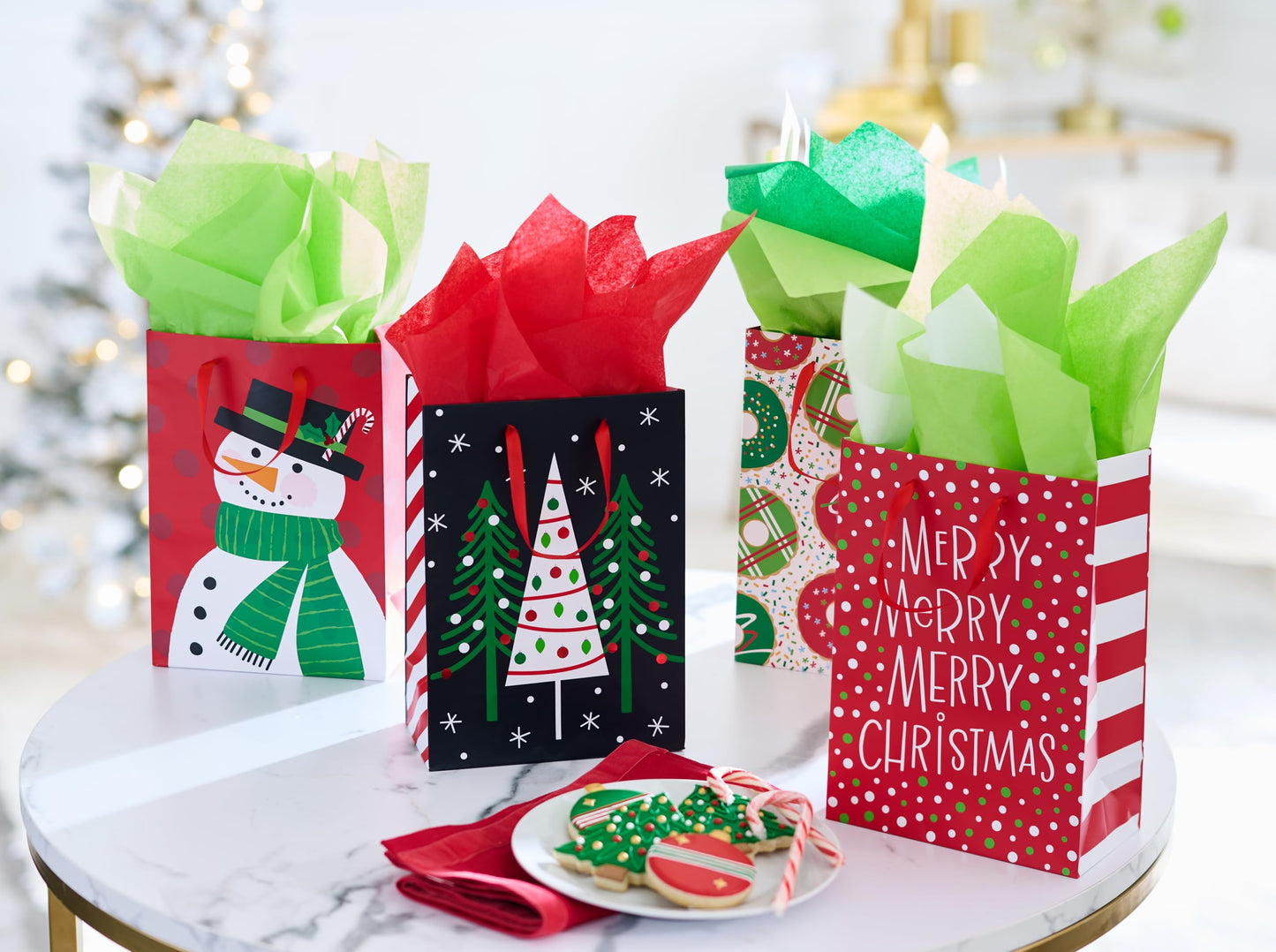 American Greetings 10" Medium Christmas Gift Bags, Red, White, Green and Black Winter Designs (4 Bags)