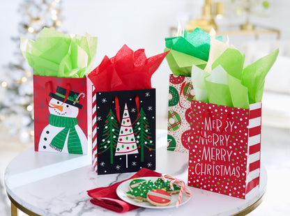 American Greetings 10" Medium Christmas Gift Bags, Red, White, Green and Black Winter Designs (4 Bags)