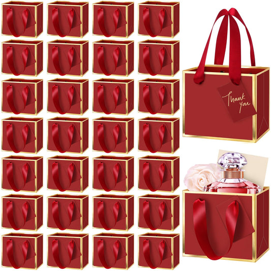 Yeaqee 50 Pcs Mini Metallic Paper Gift Bags with Handle 4.75x2.25x4'' Small Gift Bag DIY Tag Thank You Party Favor for Graduation Father's Day Wedding Baby Shower Birthday Jewelry (Burgundy Red,Gold)