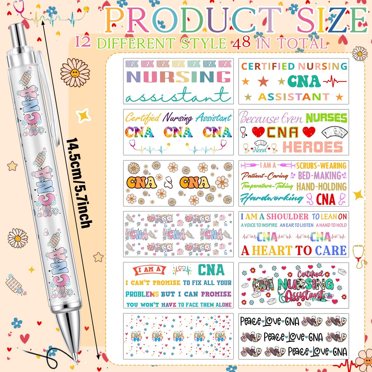 Motipuns 48 Pcs National Nursing Assistant Week Pens CNA Week Gifts Bulk Medical Assistant Nursing Essential Nurse Party Favors Ballpoint Pen CNA Medical Item for Work Women Office Holiday Supplies