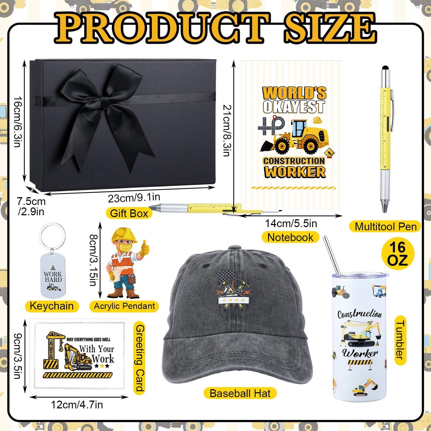 Patelai 9 Pcs Construction Worker Christmas Gifts for Men Include 16 oz Tumbler Coffee Mug Multi-tool Pen Baseball Hat Socks Notebook Keychain Pendant for Father Boyfriend Birthday Gift