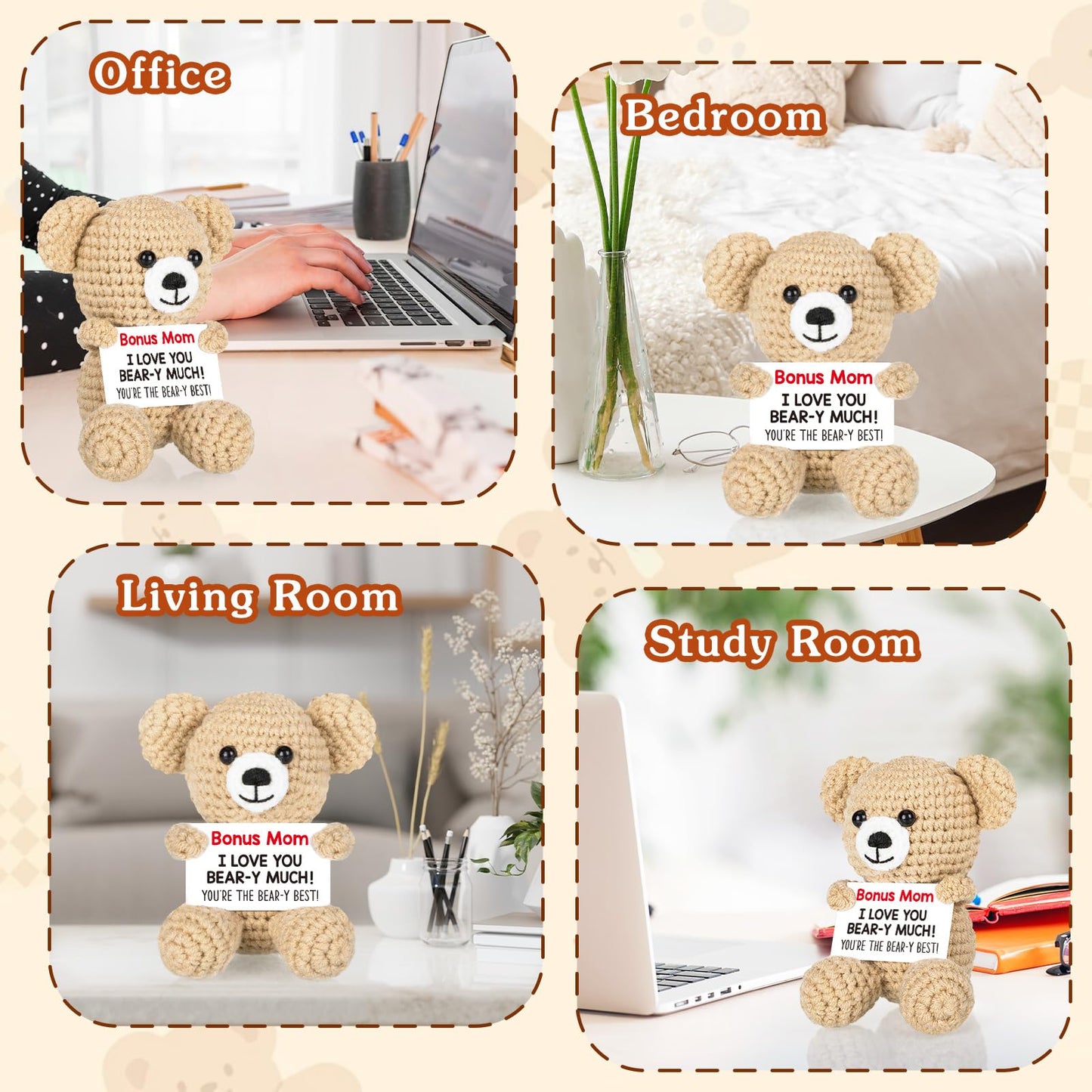 WELLBANEE Mother Gift Bonus Mom, Handmade Crochet Bear for Sentimental Mothers Day Birthday Present for Stepmom, Appreciation Keepsake for The Best Bonus Mom Ever, Small Desk or Shelf Décor Bear