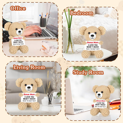 WELLBANEE Mother Gift Bonus Mom, Handmade Crochet Bear for Sentimental Mothers Day Birthday Present for Stepmom, Appreciation Keepsake for The Best Bonus Mom Ever, Small Desk or Shelf Décor Bear