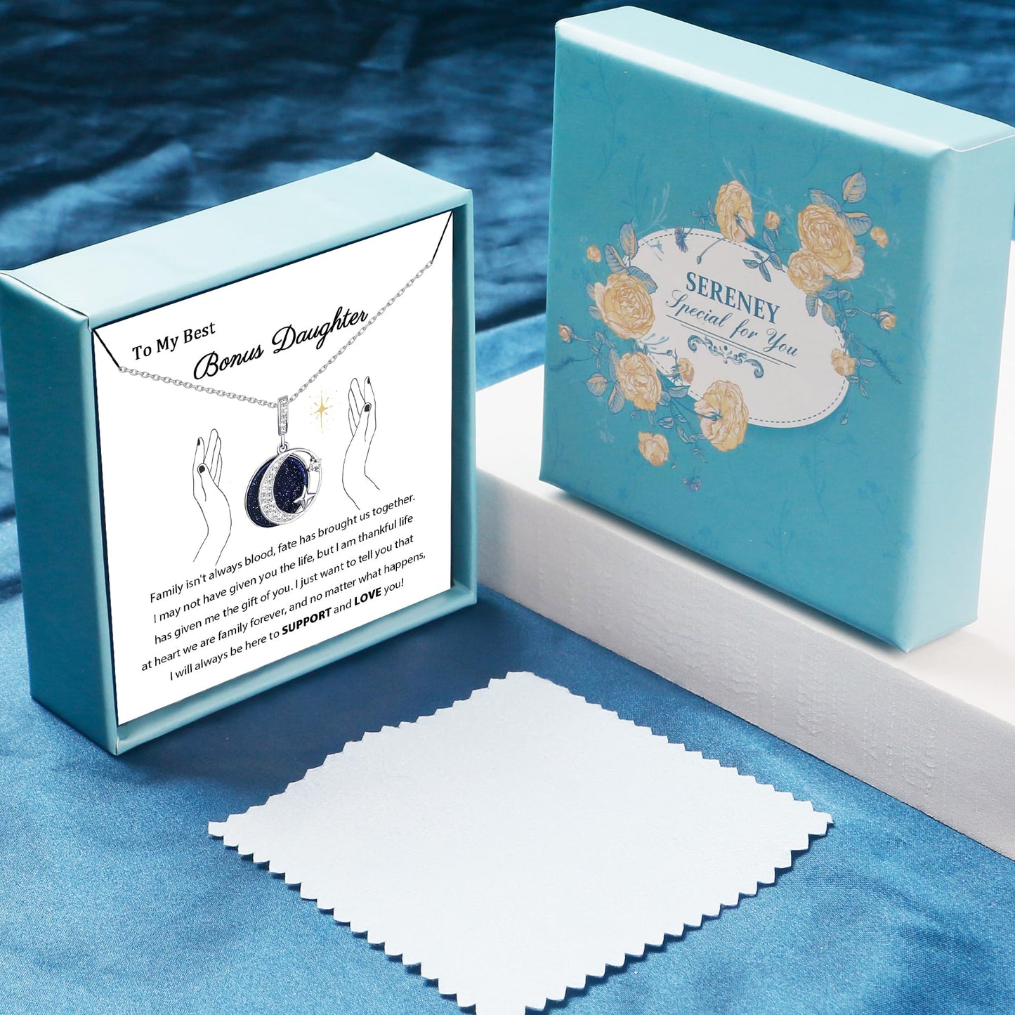 Sereney Daughter Gifts from Mom, Bonus Daughter Necklace Silver Moon Star Step Bonus Daughters Gifts from Stepmom Stepdad, Mother Daughters Necklace as Daughter's Birthday Gifts