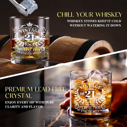 16 Pcs Happy 21st Birthday Gifts for Him, 21 Year Old Boy Birthday Party Gifts with 11 Oz Whiskey Glass 1.7 Oz Shoot Glass Coaster Hat Socks for Men, Son, Nephew, Grandson, Brother, Boyfriend, Friends