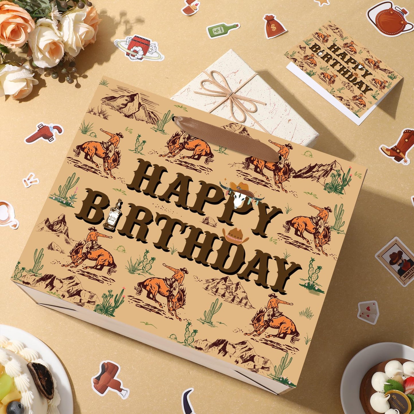 Wauprant Cowboy Birthday Gift Bags,Brown Western Rodeo Cowboy Wrapping Paper Gift Bag with Handles Greeting Card and Paper,Riding Horse Wild West Party Decoration for Men Birthday Western Theme Party