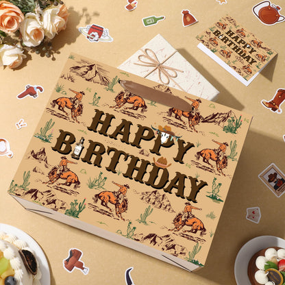 Wauprant Cowboy Birthday Gift Bags,Brown Western Rodeo Cowboy Wrapping Paper Gift Bag with Handles Greeting Card and Paper,Riding Horse Wild West Party Decoration for Men Birthday Western Theme Party