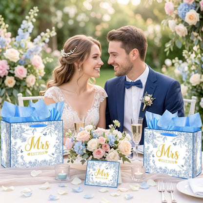 Woosytoo EST 2026 Mrs Bride Gift Bag Blue Bridal Shower Gift Bag with Tissue Paper and Card Mrs 2026 Wedding Gift Bag for Butterfly Bridal Shower Bachelorette Party Engagement Decor Supplies