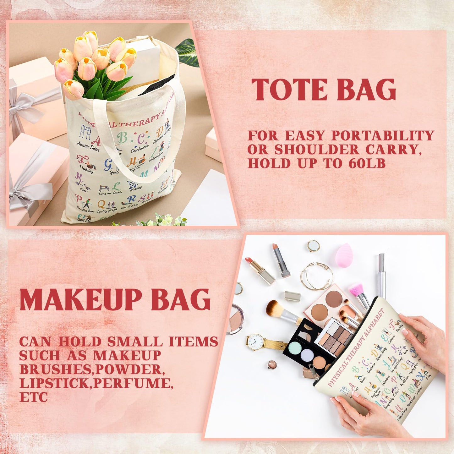 Shinylin 2 Pcs End of Year Physical Therapy Gifts Physical Therapist Tote Bag with Makeup Bag Occupational Therapy Appreciation Gifts Thank You Retirement Presents for Women Pt Pta Ot