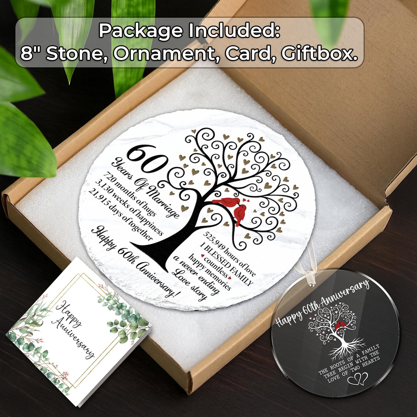 60th Anniversary Wedding Gifts - 60 Years Anniversary Slate Stone 8" with Stand, Ornament, Card - 60th Diamond Wedding Gift Set for Parents, Couple, Husband, 60 Years of Marriage Natural Stone TT-A60