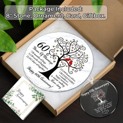 60th Anniversary Wedding Gifts - 60 Years Anniversary Slate Stone 8" with Stand, Ornament, Card - 60th Diamond Wedding Gift Set for Parents, Couple, Husband, 60 Years of Marriage Natural Stone TT-A60