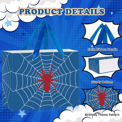Yomaiha Blue Spider Birthday Gift Bag Spider Party Paper Bags with Handles Tissue Paper and Card Blue Spider Webs Wrapping Bag Spider Party Decorations for Men Girls Boys Birthday Supplies