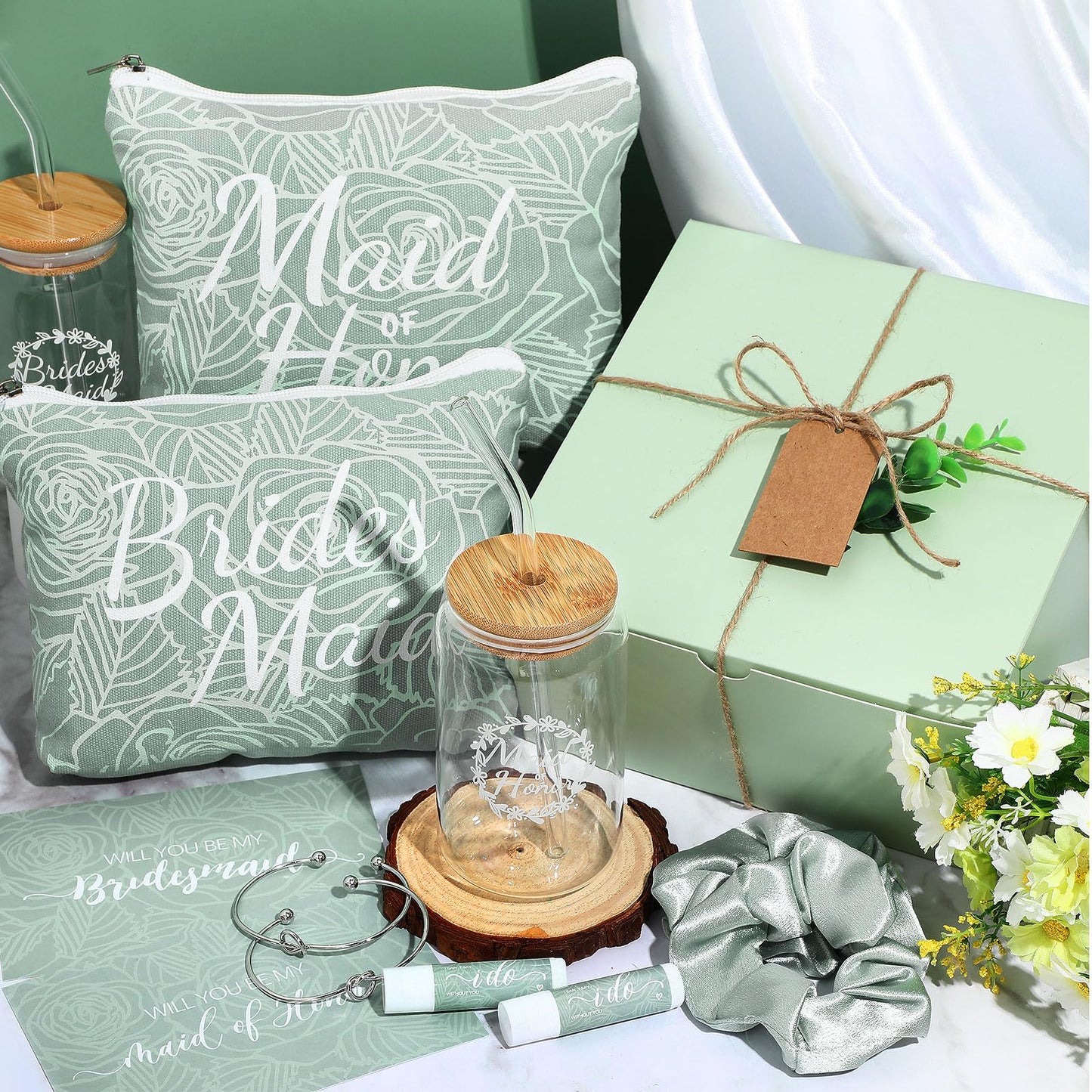 FillTouch 54 Pcs Bridesmaid Proposal Gifts, Will You Be My Bridesmaid, Maid of Honor Bride Gifts Include Gift Box Makeup Bag Invited Card Glass Cup Lip Balm Scrunchie Knotted Bracelet(Green)