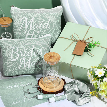 FillTouch 54 Pcs Bridesmaid Proposal Gifts, Will You Be My Bridesmaid, Maid of Honor Bride Gifts Include Gift Box Makeup Bag Invited Card Glass Cup Lip Balm Scrunchie Knotted Bracelet(Green)