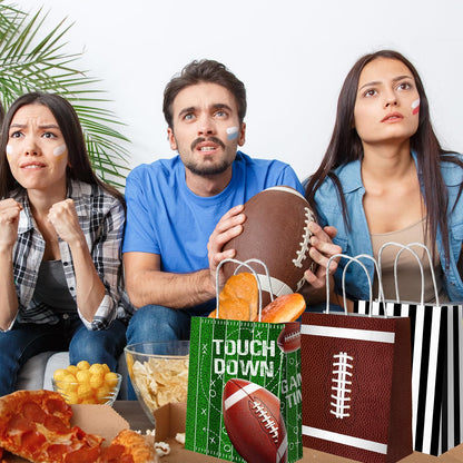 Juweked 12Pcs Football Gift Bags With Handle - Paper Goodie Bags for Snacks, Party Favors, Treats - Touchdown Game Time Party Decor