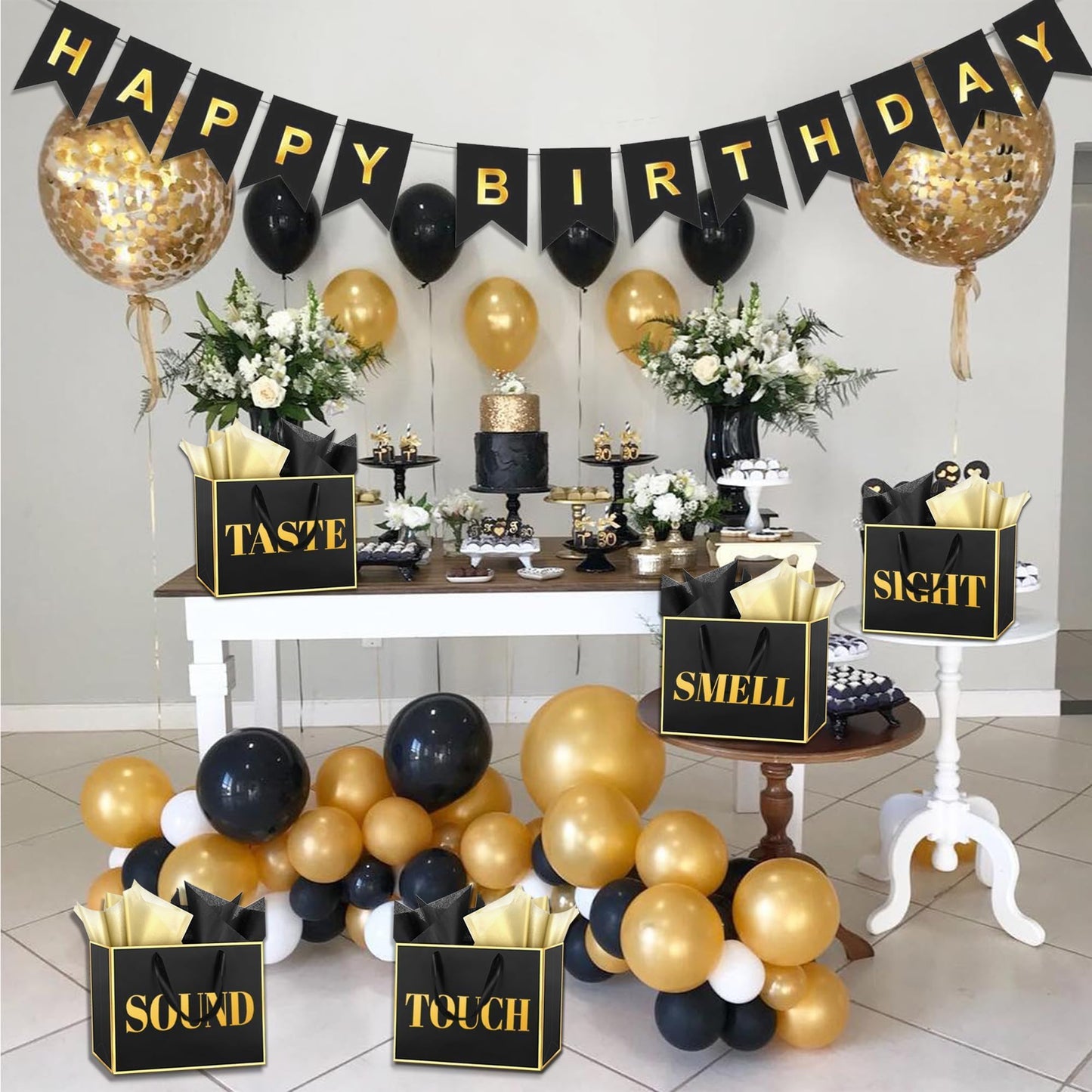 5 Senses Gift Bags For Him With Tissue Paper Rose Petals and Happy Birthday Banner Balloons for Birthday ,Wedding,Anniversary Party Decoration
