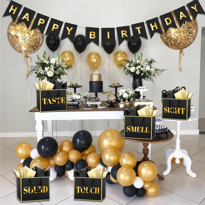 5 Senses Gift Bags For Him With Tissue Paper Rose Petals and Happy Birthday Banner Balloons for Birthday ,Wedding,Anniversary Party Decoration