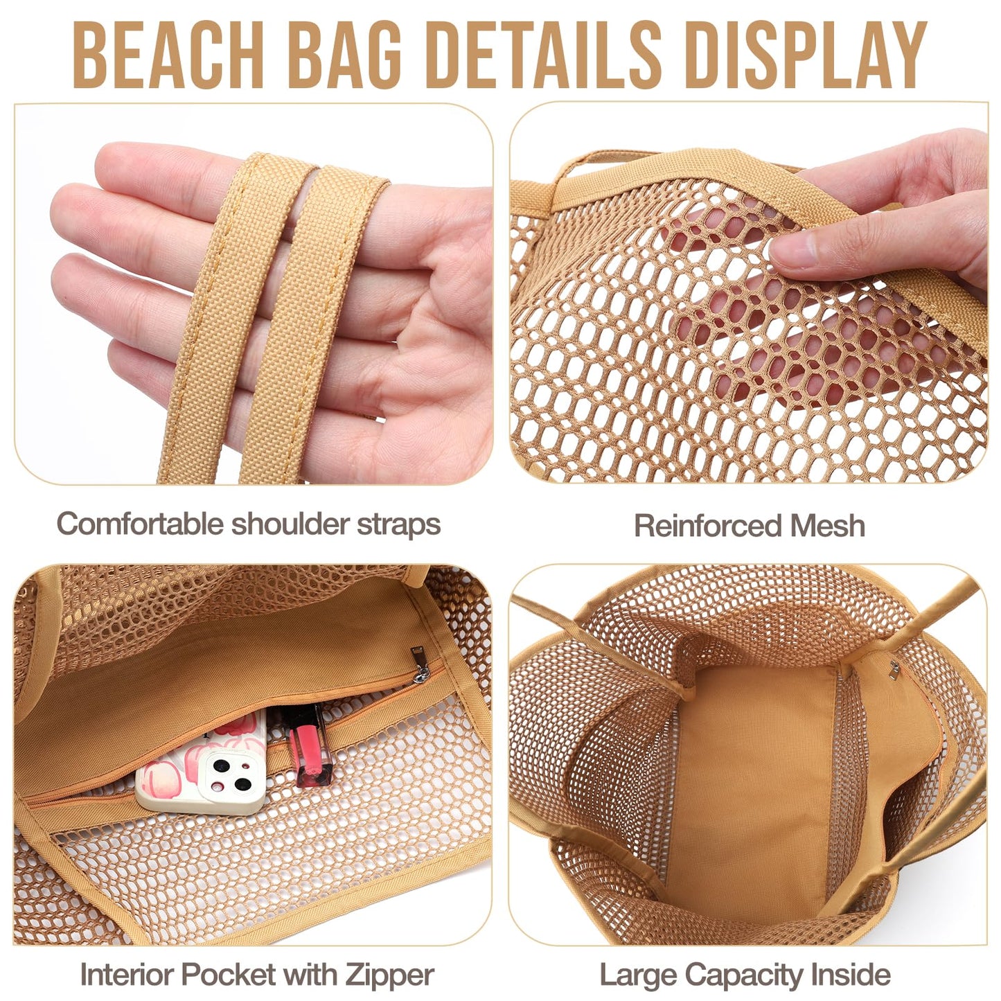 KPX Beach Bag with Mini Pocket, Summer Beach Tote Bags for Women Large Foldable Mesh Swimming Pool Travel Bags - Sandproof