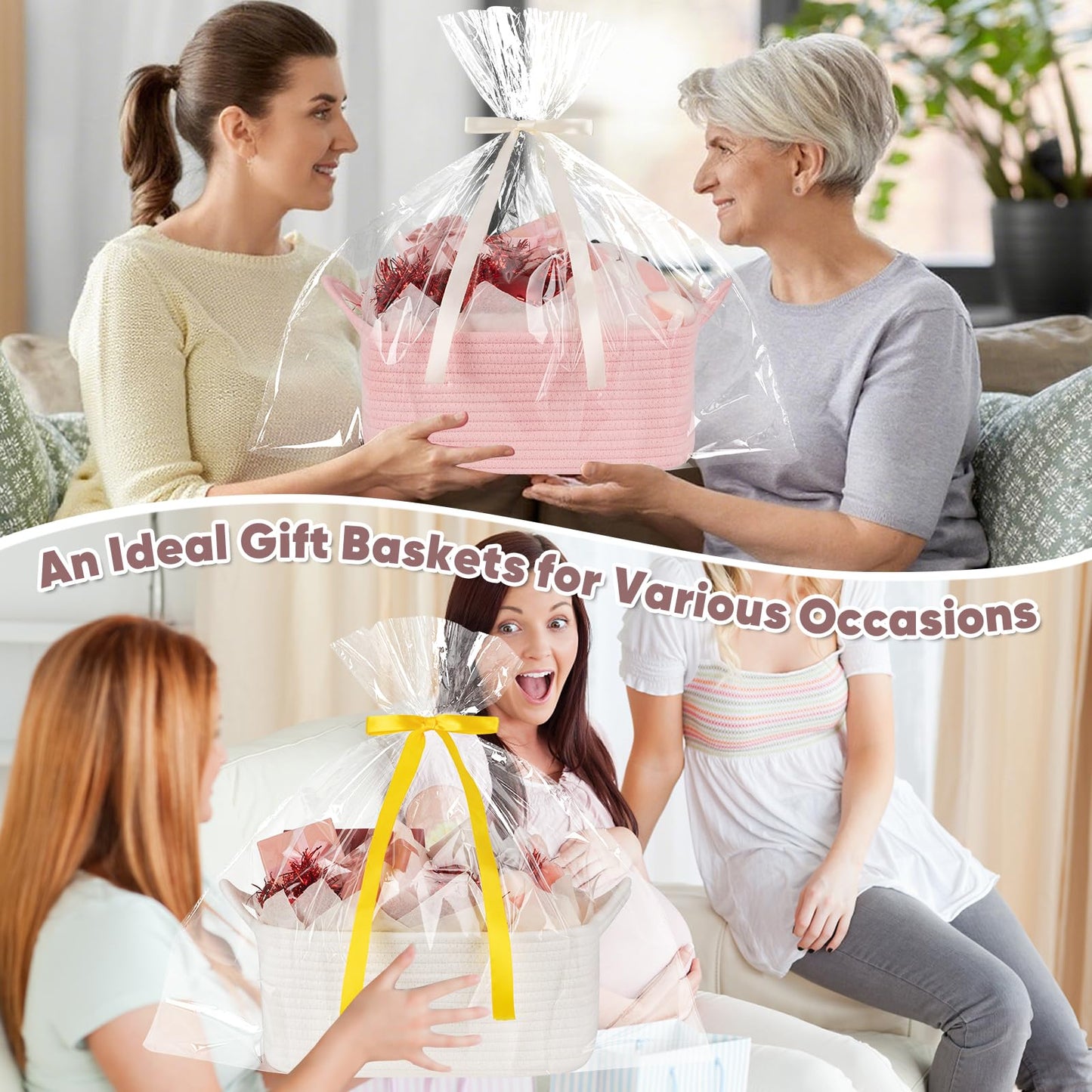 OIASKET Basket for Gifts Empty, Woven Storage Basket with Gift Bag, Ribbon and Wrap Tissue Paper, Small Rope Toy Storage with Handles for Baby Shower, Dog Toy Organizer, 13.6" x 10" x 5.9”