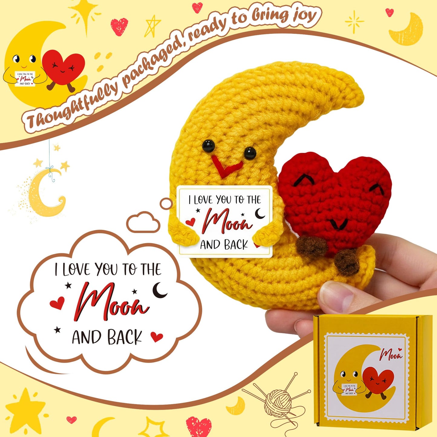Crochet Moon Heart Mother's Gift – Handmade Crochet Pocket Hug Heart I Love You Mum Gift for Women Couples Best Friend Her Him Boyfriend Anniversary Wedding Mother's Day Decoration