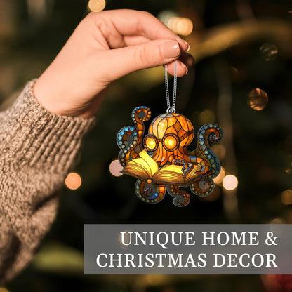 Octopus Reading Acrylic Ornament for Christmas Decorations, Beach Christmas Ornament, Ocean Themed Gift for Ocean Lovers, Octopus Gifts for Women, Last Minute Xmas Gifts