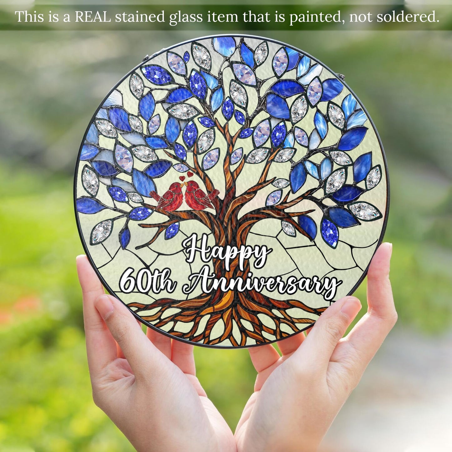 60th Wedding Anniversary Stained Glass Suncatcher, 6x6' Diamond Anniversary Decorations, 60th Celebration Marriage Gifts for Parents, Couple, Wife & Husband, 60 Wedding Milestone Keepsake