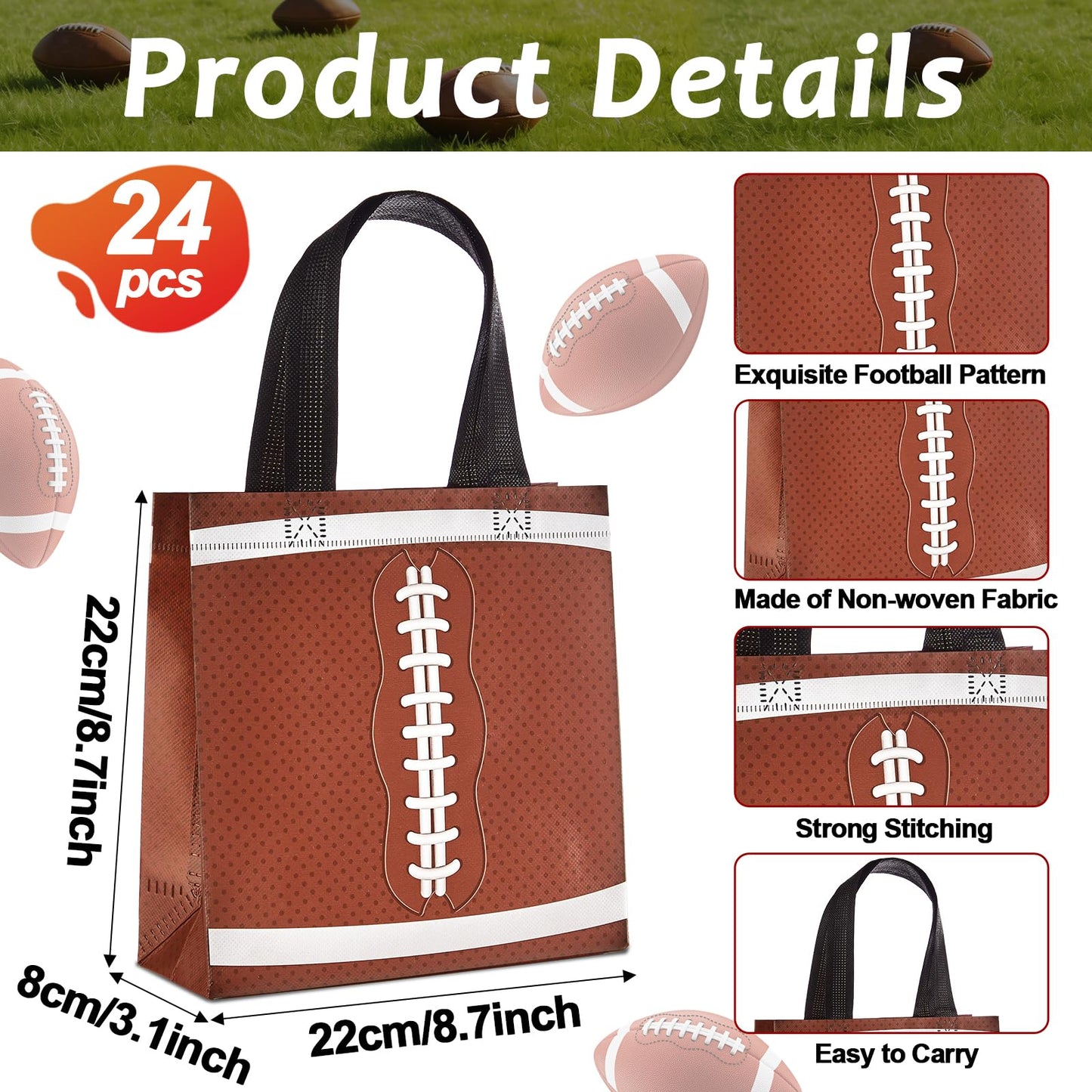 24Pcs Football Gift Bags With Handles Bulk Sport Theme Treat Candy Bags Football Team Present Non Woven Goodie Snack Favor Bag for Sport Boys Birthday Party Favor Baby Shower Decorations Supplies