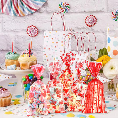 Valentine Treat Bags, 100 Pcs Valentines Cellophane Bags, Plastic Clear Red Valentine Candy Cookie Gift Goodie Snack Bag with 100 Pcs Twist Ties for Valentines Wedding Party Favor Supplies, 5 Styles