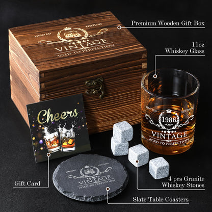 40th Birthday Gifts for Men Whiskey Glass Set - 40th Birthday Decorations, Party Supplies - 40 Year Anniversary, Bday Gifts Ideas for Him, Dad, Husband, Friends - Wood Box & Whiskey Stones & Coaster
