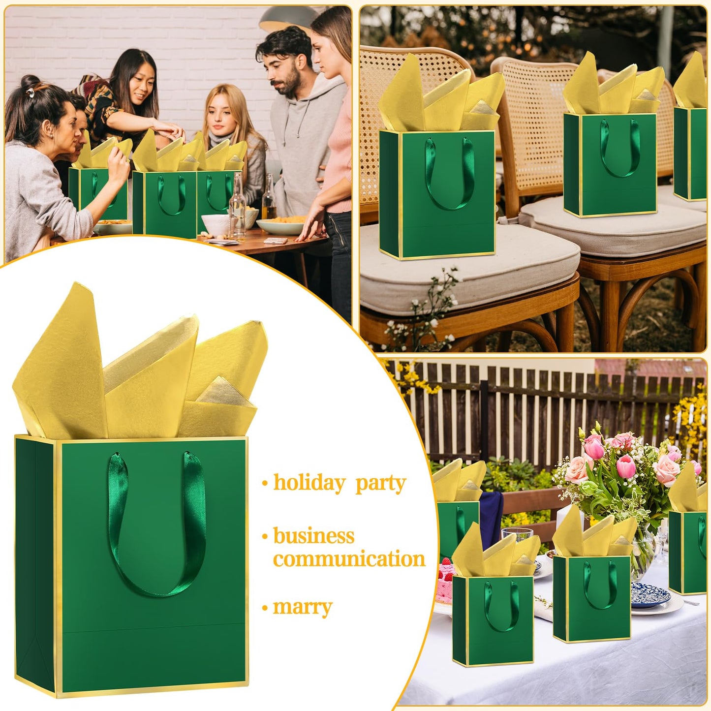 Epoesch 24Pcs Premium Gift Bags with Handles & Tissue Paper – 8"x5"x10" Green with Gold Edge –Thank You Bags for Father's Day, Birthdays Party, Wedding, Welcome Gift, Business