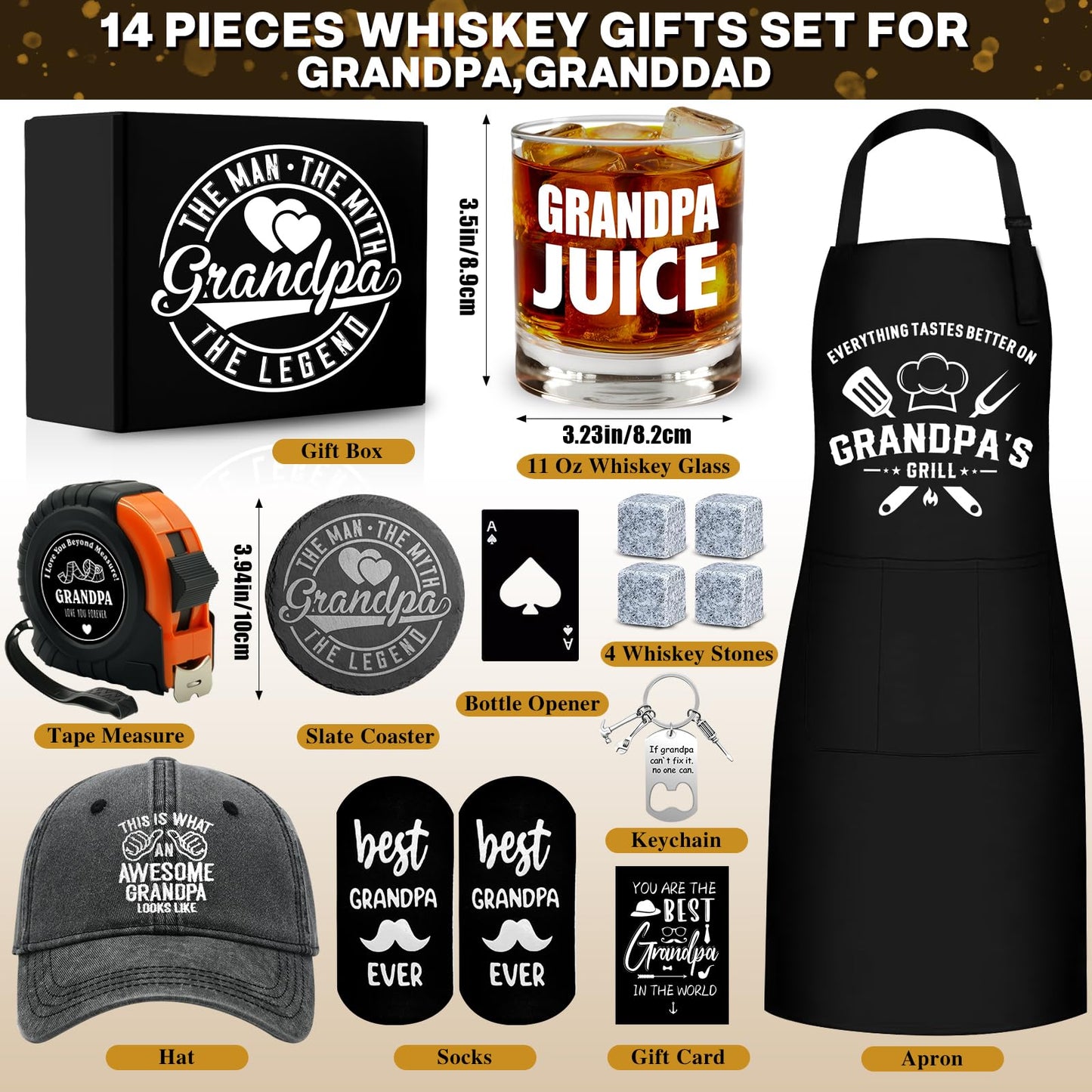 14 Pcs Grandpa Gifts, Best Granddad Ever Gift with 11 Oz Grandpa Juice Whiskey Glass 4 Whiskey Stones Coaster Apron Hat Sock Tape Measure Keychain, Birthday Father's Day Christmas Gift for Grandfather