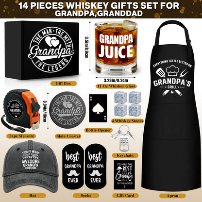 14 Pcs Grandpa Gifts, Best Granddad Ever Gift with 11 Oz Grandpa Juice Whiskey Glass 4 Whiskey Stones Coaster Apron Hat Sock Tape Measure Keychain, Birthday Father's Day Christmas Gift for Grandfather