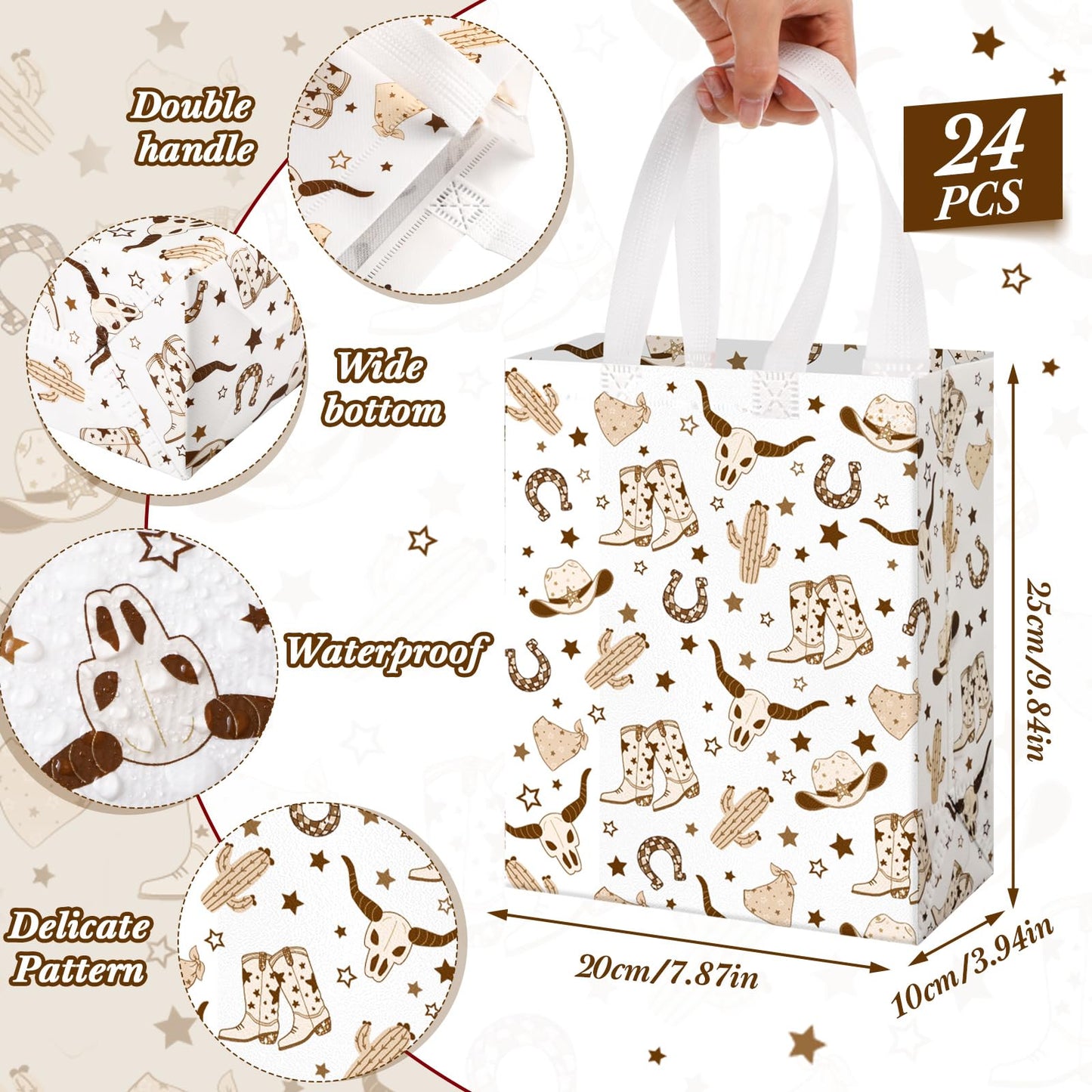 Supervitae 24 Pack Brown Cowboy Gift Bags Medium Western Cowboy Theme Party Decoration Supplies Reusable Non Woven Totes for Rodeo Birthday Themed Supplies Favor(9.8" x 7.9" x 3.9")
